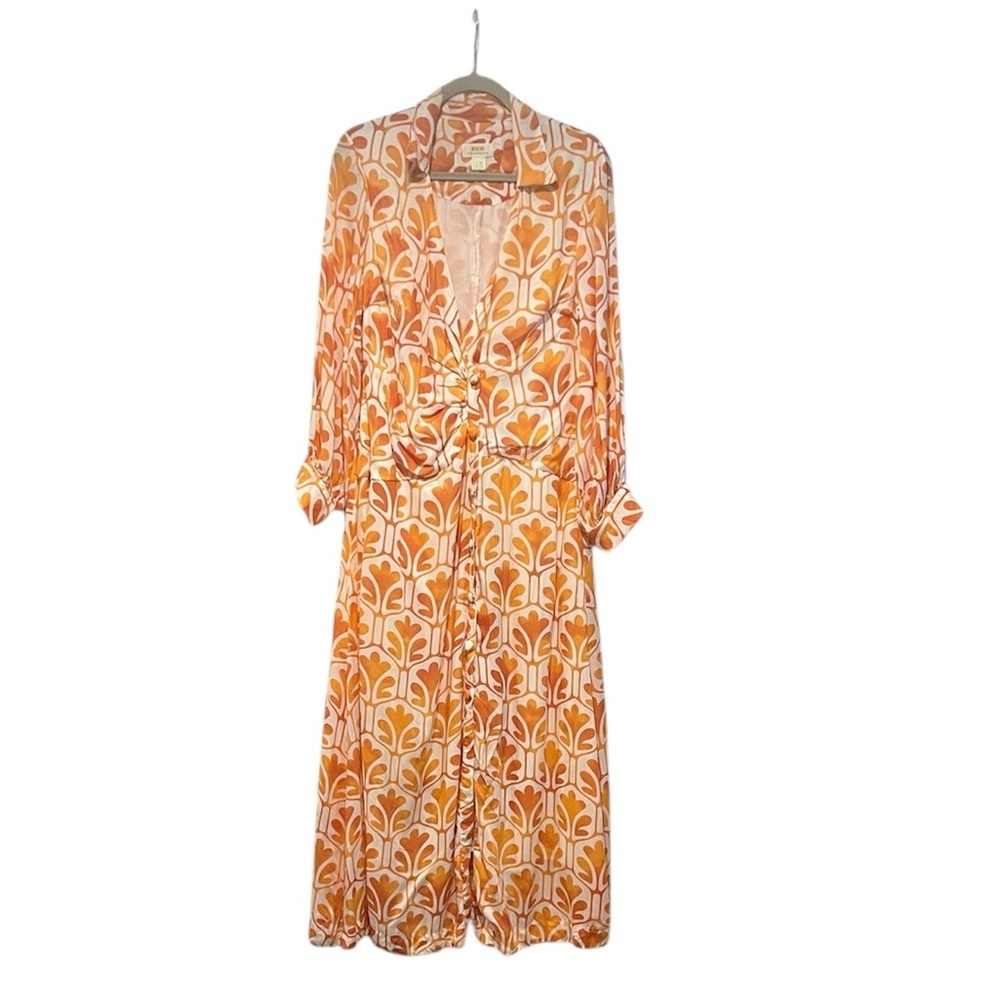 Maeve Anthropologie orange & white printed wrap shirt maxi dress 12 - Picture 2 of 9